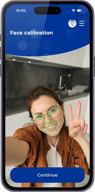 vision.app screen showing face calibration with the front camera
