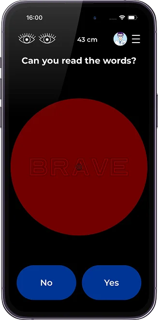 vision.app screen asking whether you can read the words, for near vision