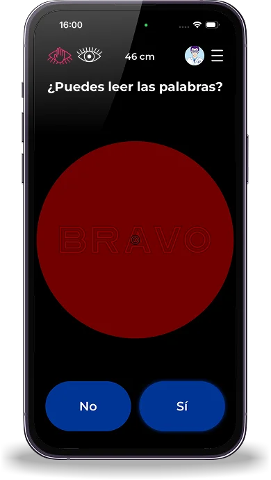 Pantalla de vision.app preguntando si puedes leer las palabras, para la visión de cerca
