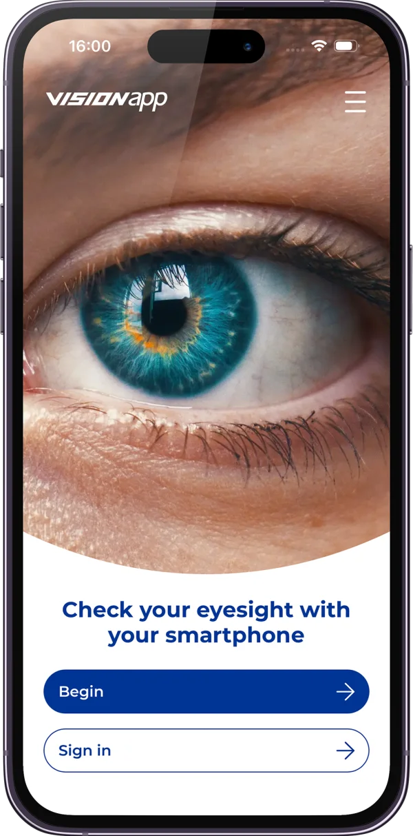 vision.app home screen on a phone, with the option to begin a vision check