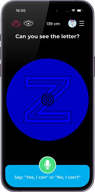 vision.app screen asking whether you can see the letter, for distance vision