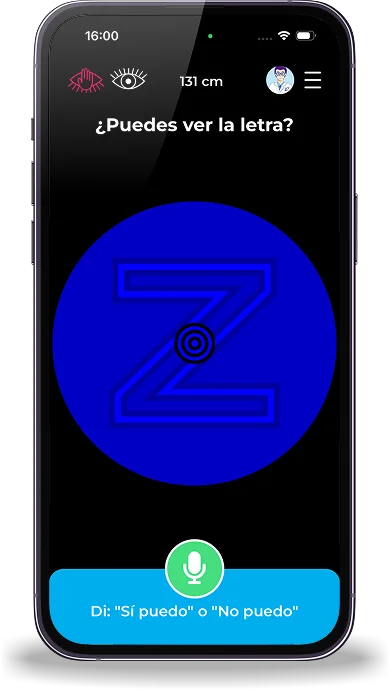 Pantalla de vision.app preguntando si ves la letra, para la visión de lejos