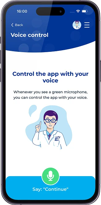 vision.app screen explaining voice control with the microphone