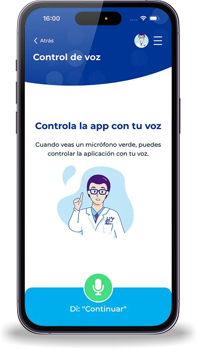 Pantalla de vision.app explicando el control por voz con el micrófono