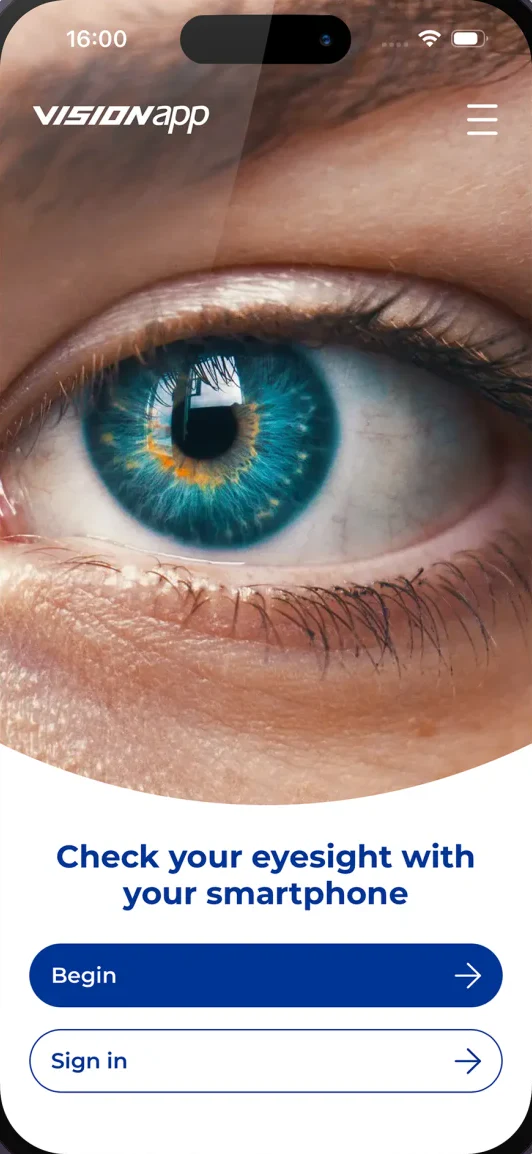 vision.app home screen on a phone, with the option to start the vision test