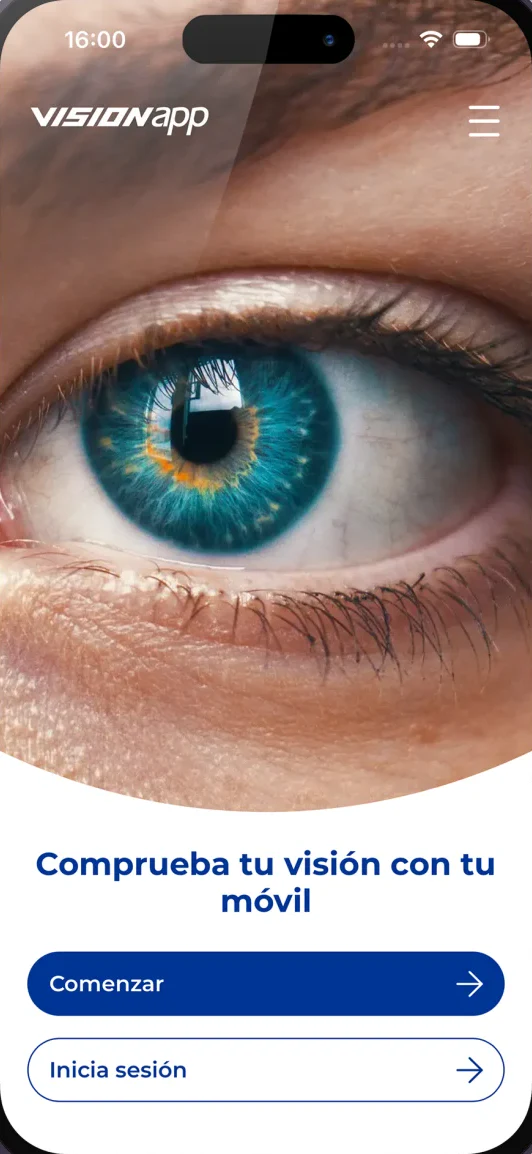 Pantalla de inicio de vision.app en un móvil, con la opción de comenzar la prueba de visión